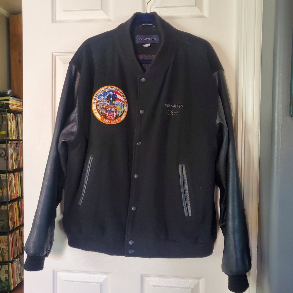 Black Wool Leather Varsity  Commemorative Jacket Honoring The Fallen Heroes 9/11